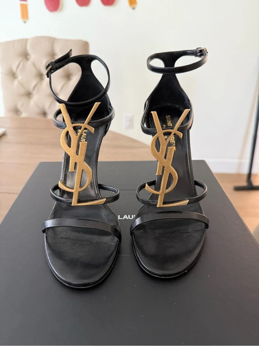 Saint Laurent Black Leather Heels with Gold YSL Logo T-Strap